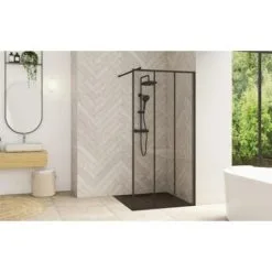 Kinedo Paroi De Douche Verre Profilés Noirs Bandes Verticales Noires Avec Mât Smart Design Solo Factory, 200 X 80